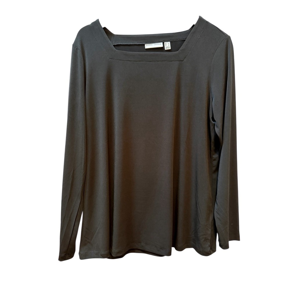 Susan Graver Top Women Large Black Square Neck Long Sleeve Liquid Knit Essential